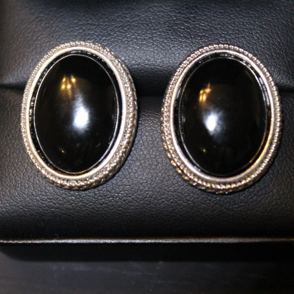 Boho Silver and Black Oval Onyx Earrings